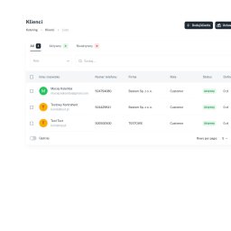 C3SOLUTIONS Kamil Puchała - Interfejs panelu administracyjnego z listą klientów, zawierający kolumny z imieniem i nazwiskiem, numerem telefonu, nazwą firmy, rolą, statusem i dofinansowaniem, z filtrami aktywności klientów...