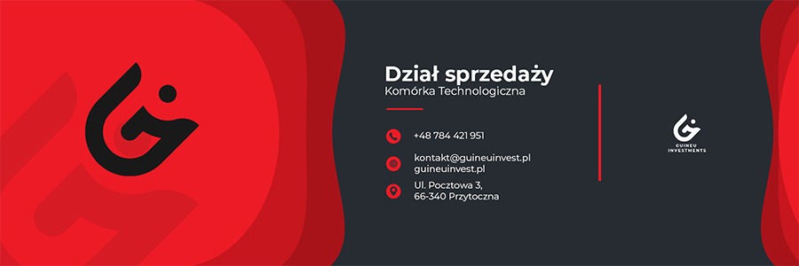Wizytówka firmy Guineu Investments w kolorystyce czerwono-szarej, z logo po lewej, danymi kontaktowymi działu sprzedaży po prawej, obejmującymi numer telefonu, adres e-mail i adres pocztowy.