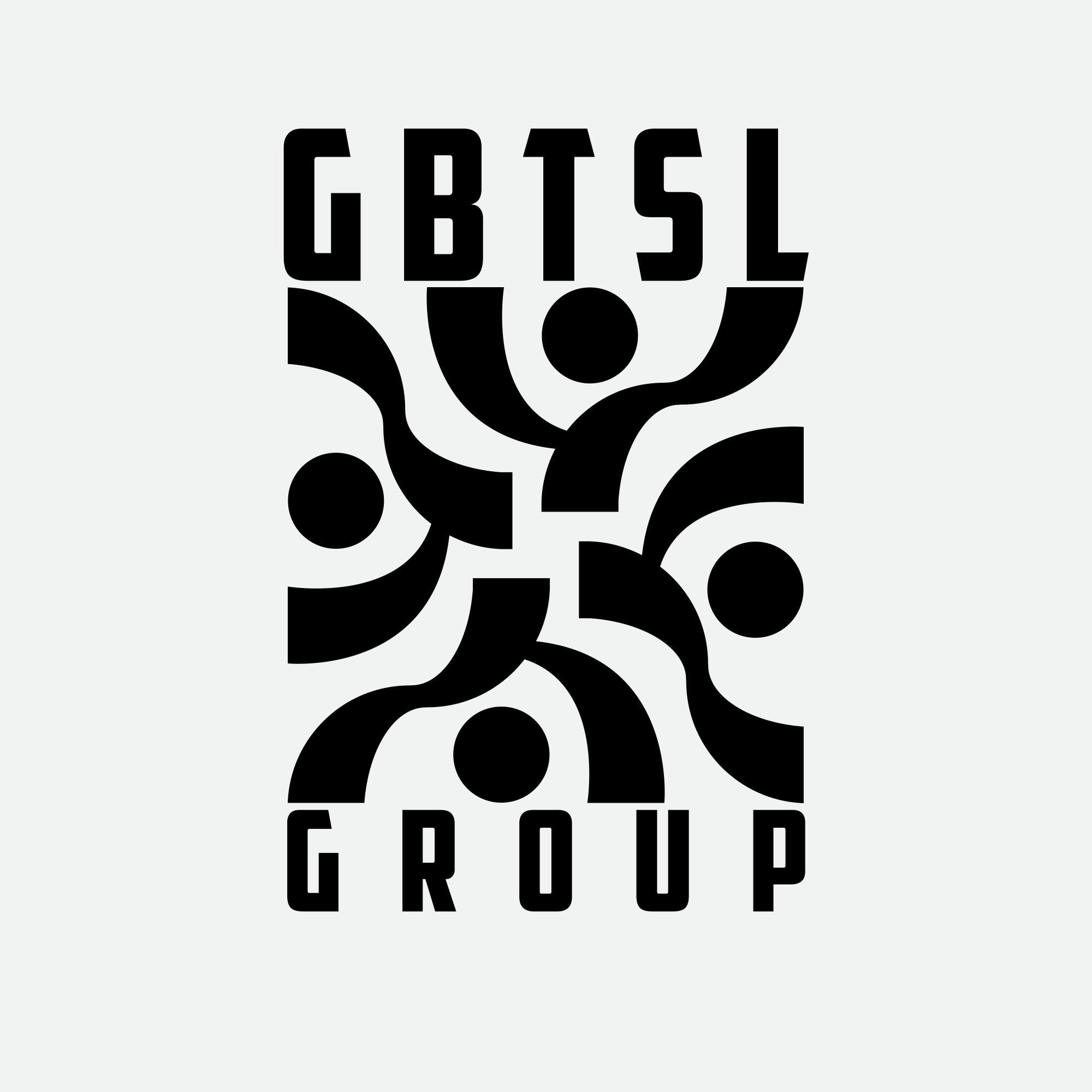 Czarno-białe logo firmy GBTSL Group z abstrakcyjnym symbolem stylizowanych postaci.
