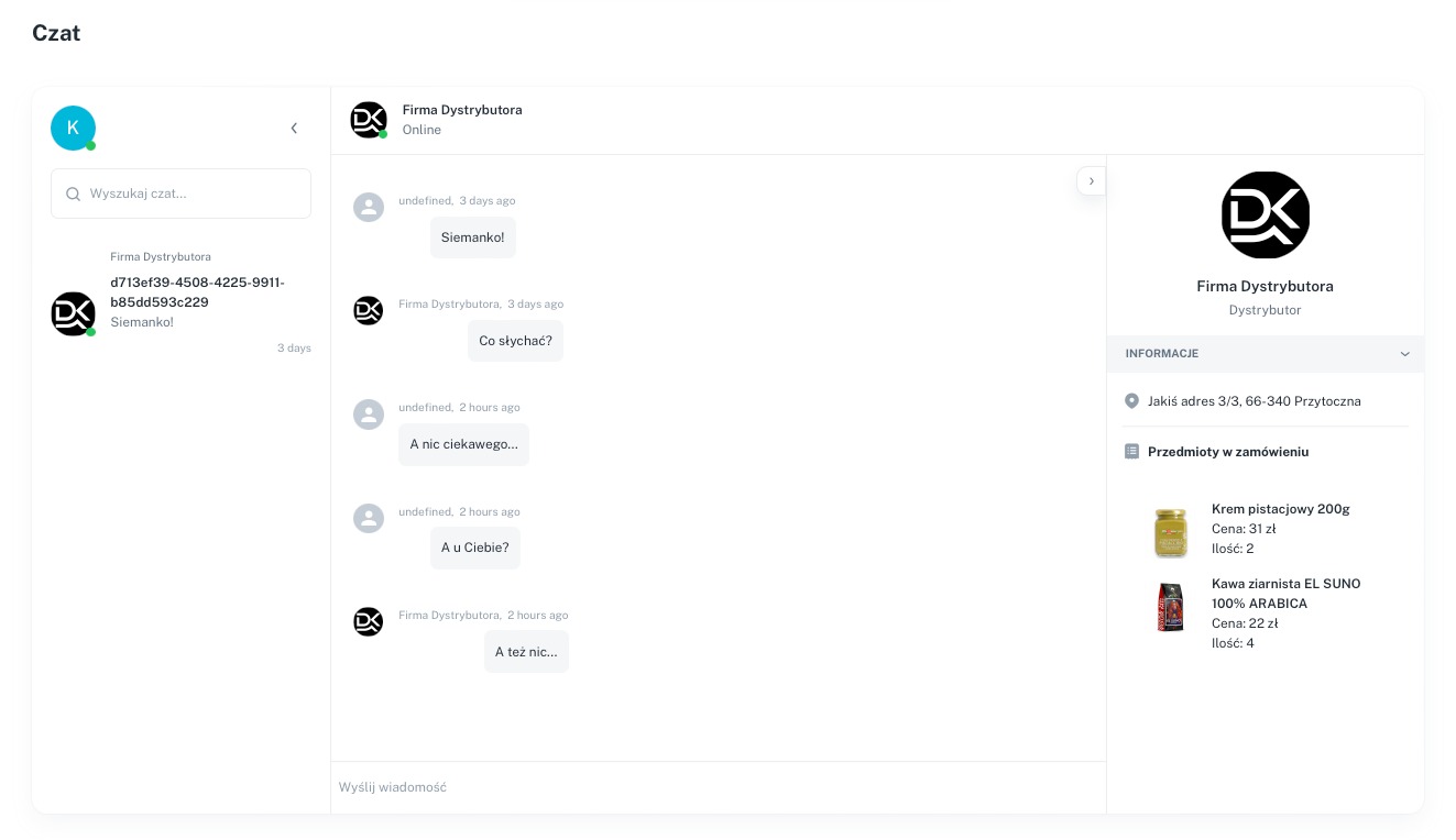 Zrzut ekranu interfejsu czatu z klientem firmy dystrybucyjnej, prezentujący historię konwersacji oraz podsumowanie zamówienia z kremem pistacjowym i kawą ziarnistą EL SUNO.