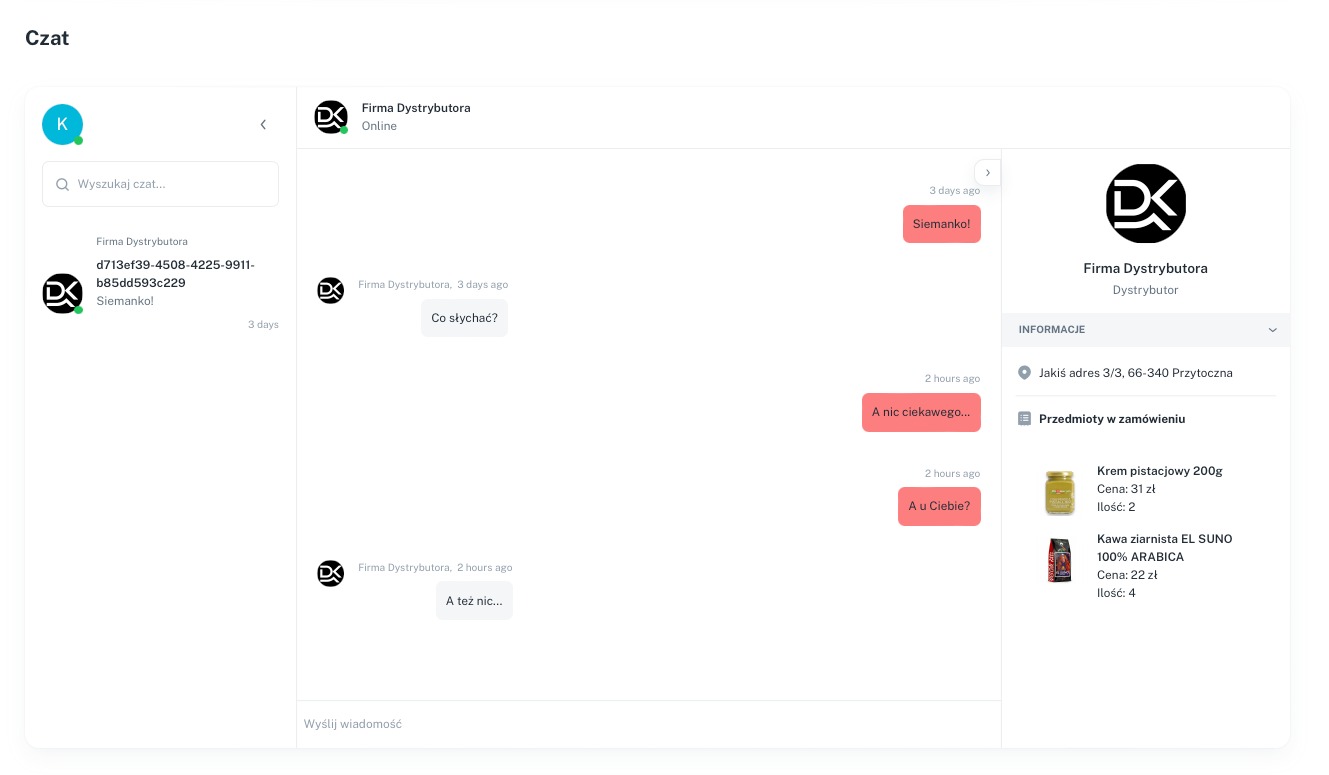 Zrzut ekranu okna czatu z firmą dystrybucyjną, prezentujący historię konwersacji oraz szczegóły zamówienia, w tym adres i listę produktów: krem pistacjowy i kawa ziarnista.