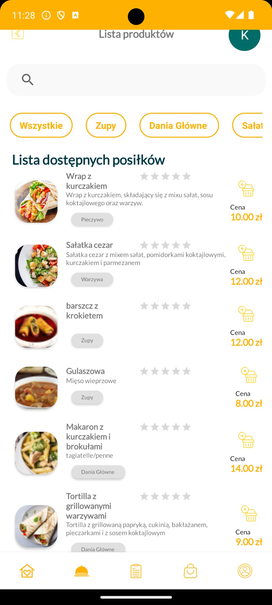 Zrzut ekranu aplikacji mobilnej z listą dostępnych posiłków, w tym wrap z kurczakiem, sałatka cezar, barszcz z krokietem, gulaszowa, makaron z kurczakiem i brokułami oraz tortilla z grillowanymi...