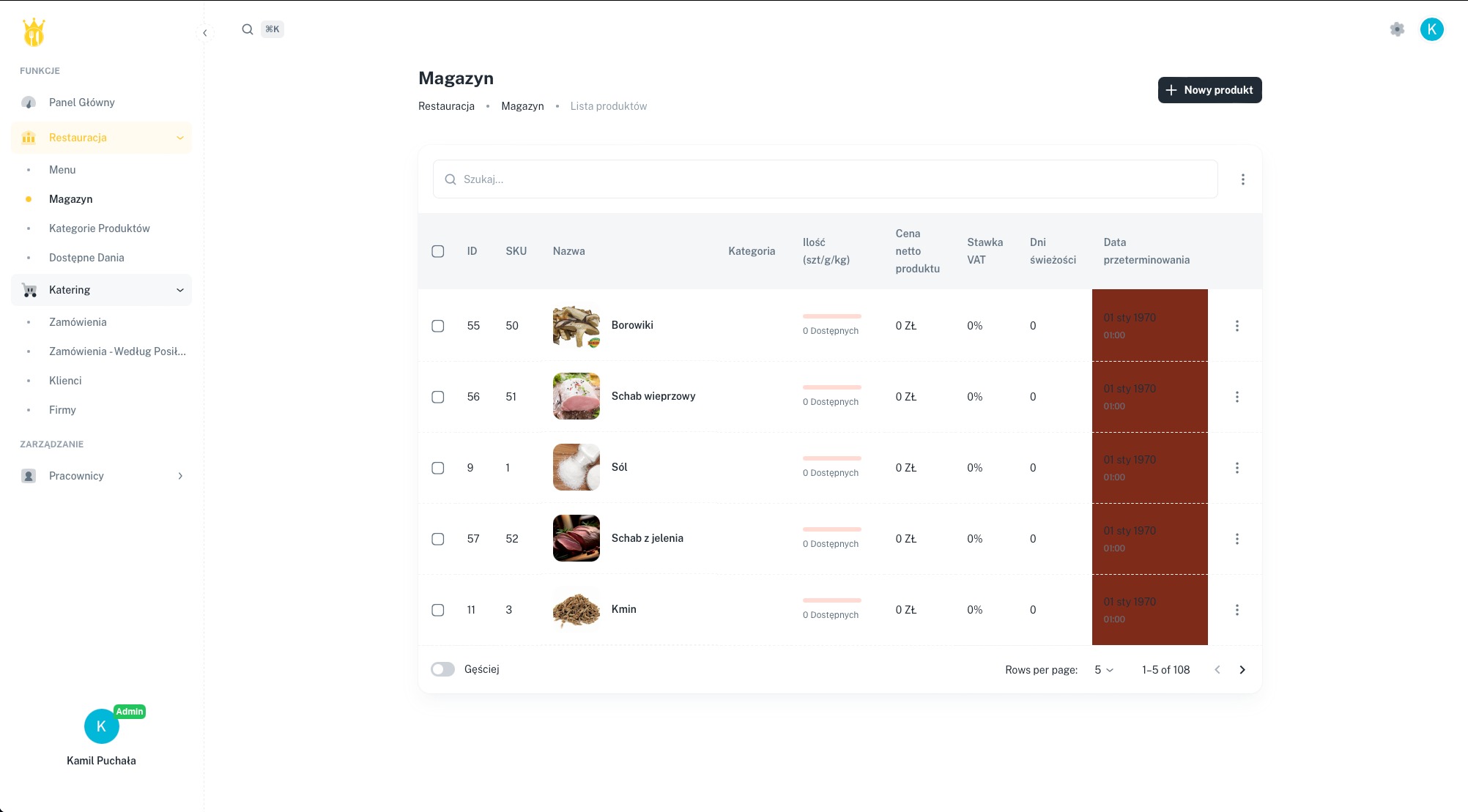 Interfejs zarządzania magazynem restauracji z listą produktów: borowiki, schab wieprzowy, sól, schab z jelenia i kmin. Wyświetlone dane to ID, SKU, nazwa, kategoria, ilość, cena netto, stawka VAT...