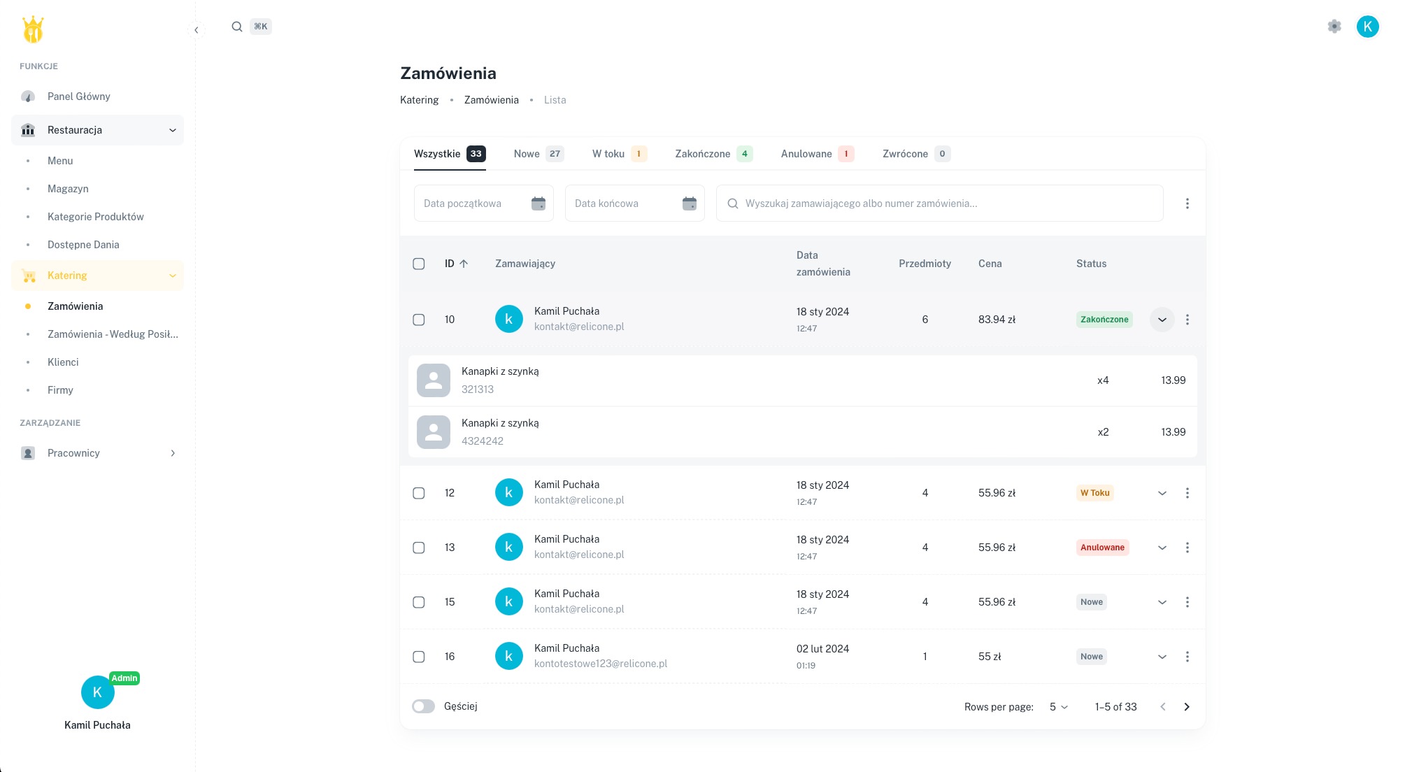 Ekran interfejsu użytkownika systemu do zarządzania zamówieniami cateringowymi, prezentujący listę zamówień z informacjami o zamawiającym, dacie, liczbie przedmiotów, cenie i statusie.