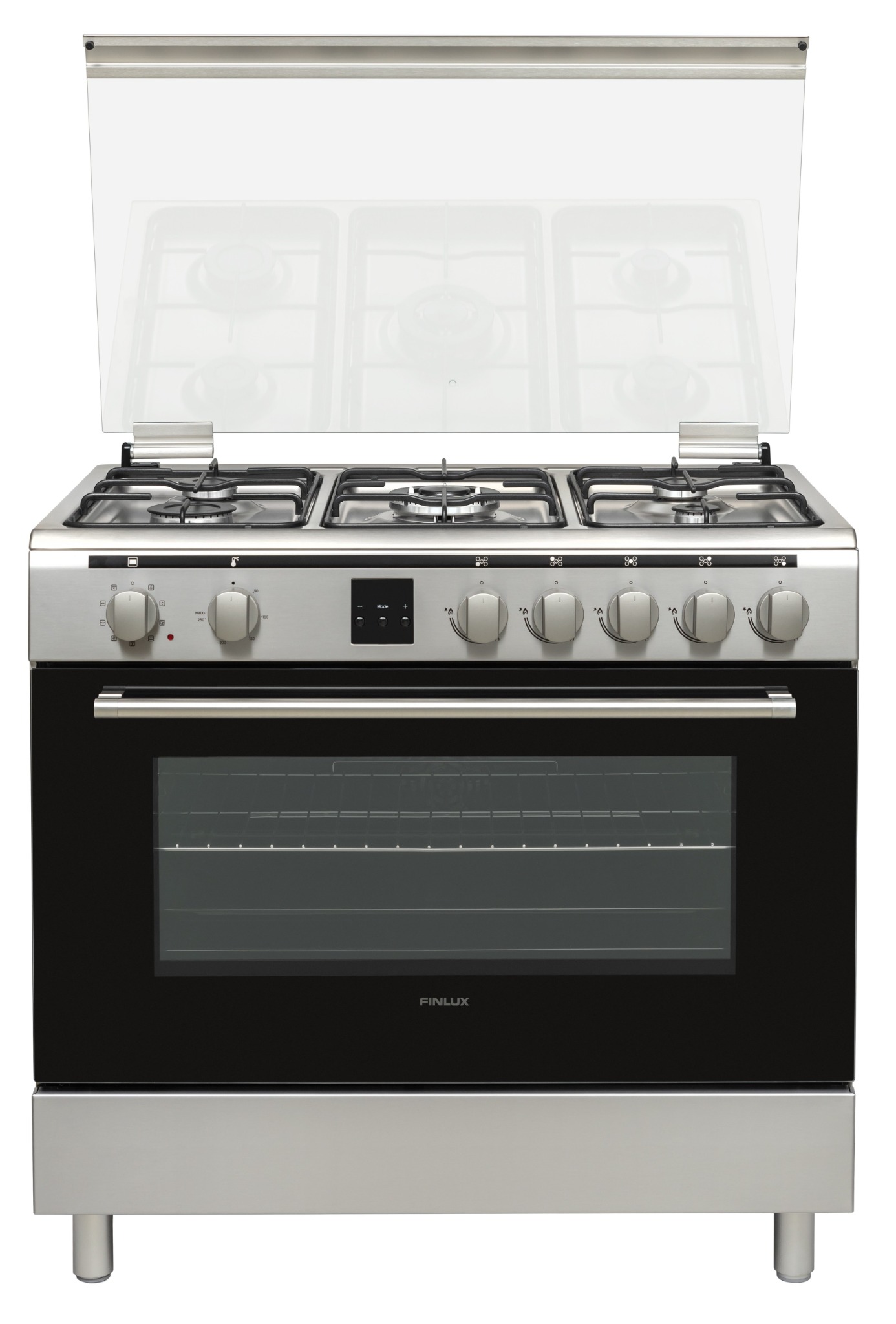 Nowoczesna, wolnostojąca kuchenka gazowo-elektryczna Finlux z otwartą szklaną pokrywą, srebrną obudową i czarnym piekarnikiem na białym tle.