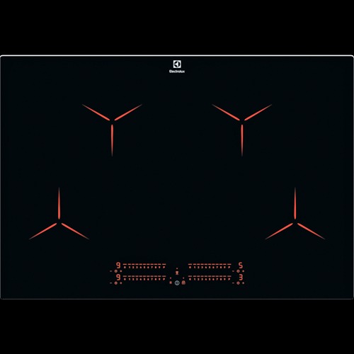 Czarna płyta indukcyjna Electrolux z czterema polami grzejnymi i dotykowym panelem sterowania, widoczne podświetlone symbole mocy.