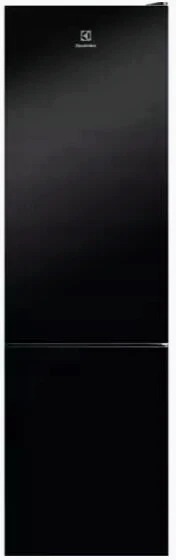 Czarna lodówka Electrolux z dwoma drzwiami, widoczne logo producenta u góry