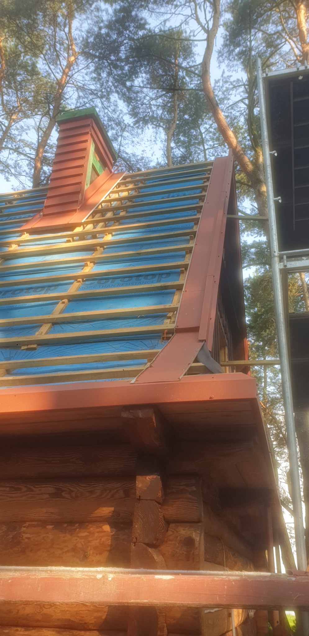 Konstrukcja dachu z drewnianymi łatami i niebieską membraną dachową na drewnianym domu z bali, widoczny komin z zielonym akcentem na tle drzew.