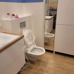 Jarmarhome - Nowoczesna toaleta z deską bidetową, biała armatura łazienkowa, drewnopodobne płytki na podłodze i niebieski akcent kolorystyczny na ścianie.