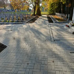 Ułożona kostka brukowa na cmentarzu, jesienne drzewa w tle, promienie słońca padające na nawierzchnię.