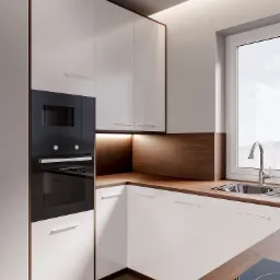 Nowoczesna kuchnia z białymi frontami szafek, drewnianymi blatami i zabudowanym piekarnikiem z mikrofalówką, oświetleniem podszafkowym i jasnym oknem.