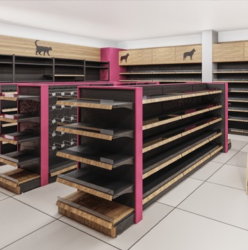 Wnętrze sklepu zoologicznego z pustymi drewnianymi regałami i półkami w kolorze różowym i czarnym, z motywami sylwetek zwierząt na górze.