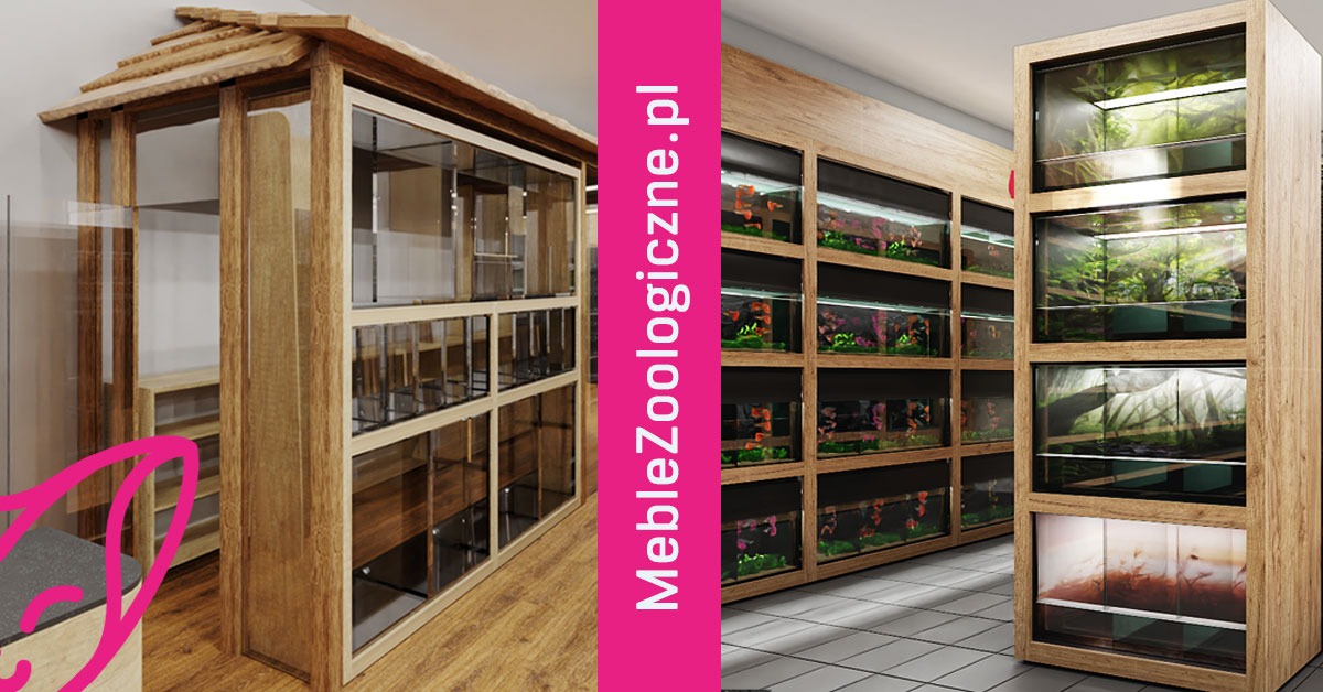 Regał na akwaria z drewnianą obudową, w stylu japońskim z daszkiem, oraz rząd akwariów wbudowanych w ścianę, oświetlone, z roślinami i rybami w środku.