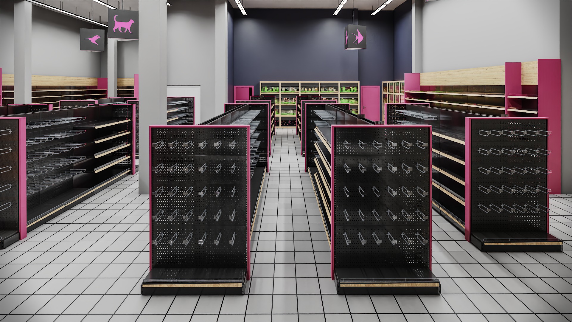 Wnętrze sklepu z pustymi, czarnymi regałami z różowymi akcentami, biała podłoga w kratkę, oświetlenie sufitowe i grafiki z motywami zwierzęcymi