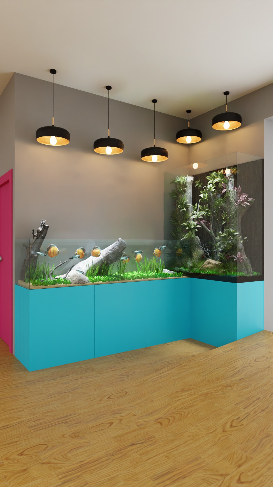 Duże akwarium narożne z turkusową obudową, imitujące naturalne środowisko dla ryb, z roślinami i korzeniami, oświetlone wiszącymi lampami.