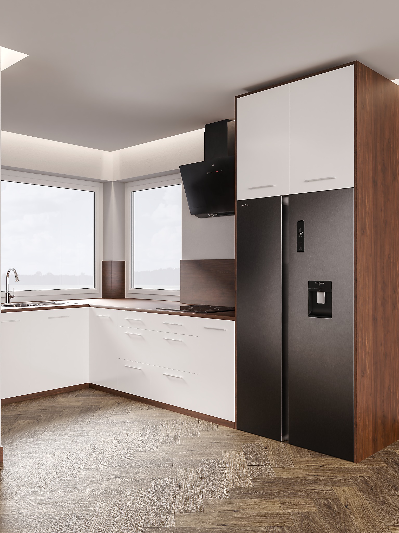 Nowoczesna kuchnia z białymi szafkami dolnymi, drewnianymi blatami i wysoką zabudową z lodówką w kolorze grafitowym, widoczny okap i elementy wykończenia w odcieniach brązu, parkiet ułożony w jodełkę.