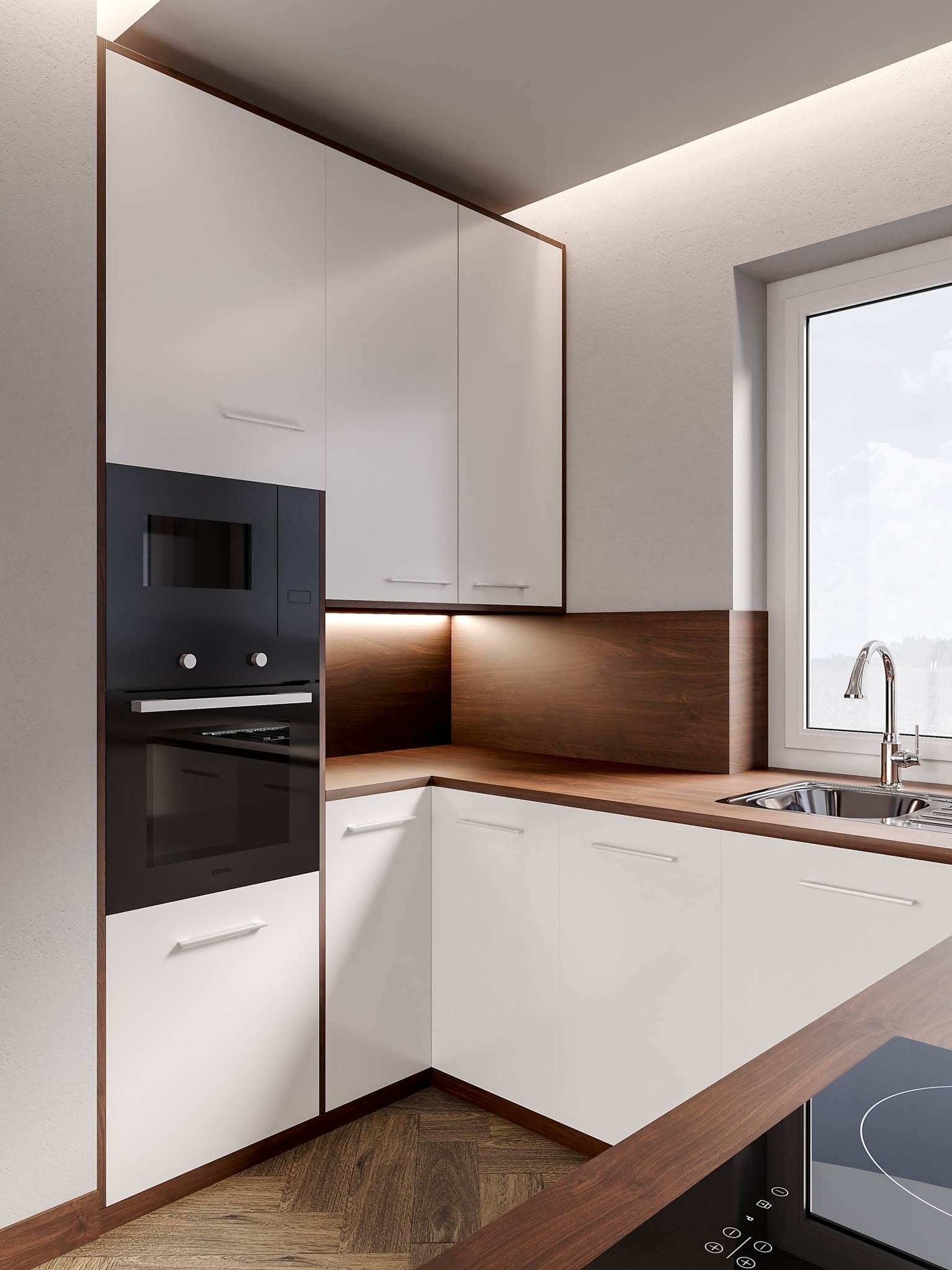 Nowoczesna kuchnia z białymi frontami szafek, drewnianymi blatami i zabudowanym piekarnikiem z mikrofalówką, oświetleniem podszafkowym i jasnym oknem.