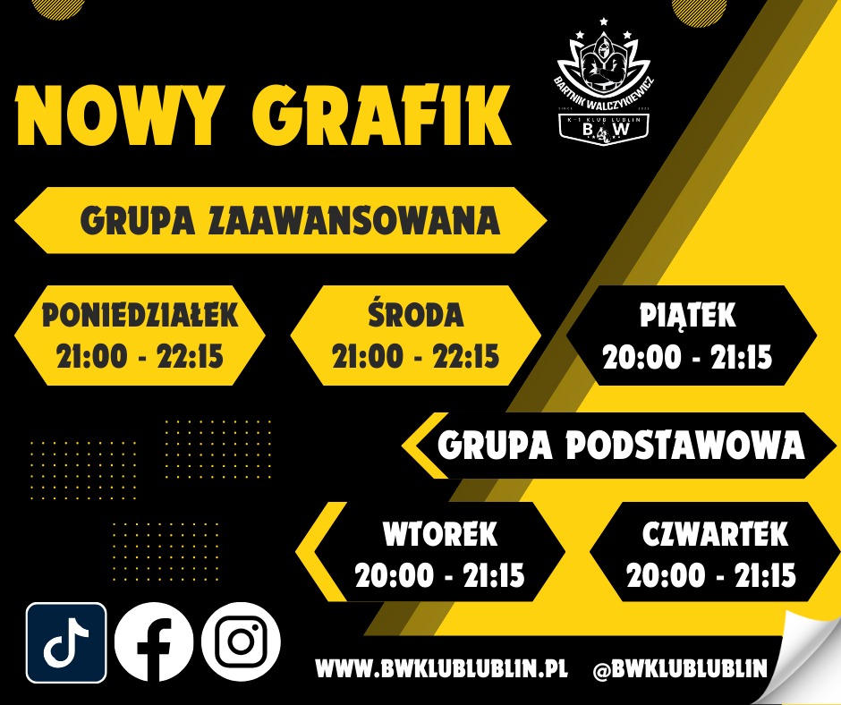 Grafika z nowym rozkładem zajęć grup zaawansowanych i podstawowych K-1 Klubu Bartnik Walczykiewicz z Lublina, obejmująca dni tygodnia i godziny treningów.