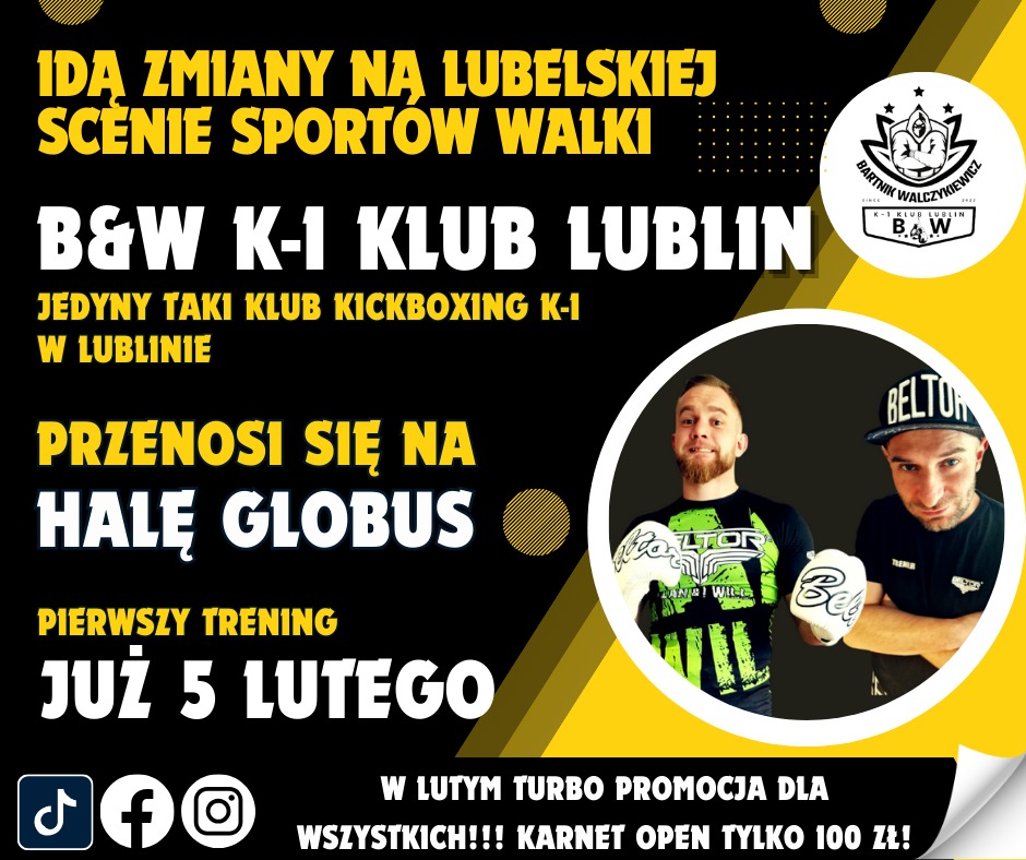 Plakat reklamowy klubu K-1 z Lublina, informujący o zmianie lokalizacji na Halę Globus i promocji karnetów, z wizerunkami dwóch mężczyzn w rękawicach bokserskich.