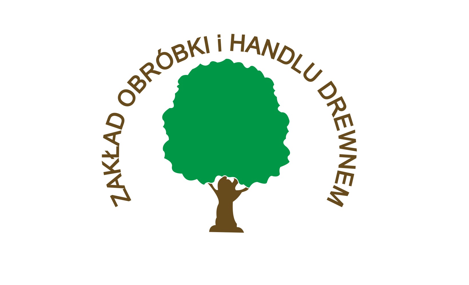 Logo firmy Zakład Obróbki i Handlu Drewnem z graficznym przedstawieniem zielonego drzewa na białym tle.