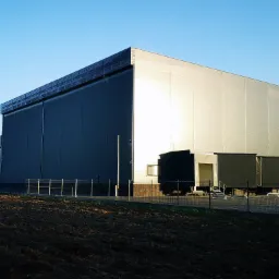 Duży, nowoczesny magazyn z panelami słonecznymi na dachu, z rampami rozładunkowymi i zaparkowanymi ciężarówkami, widziany z pola w słoneczny dzień.