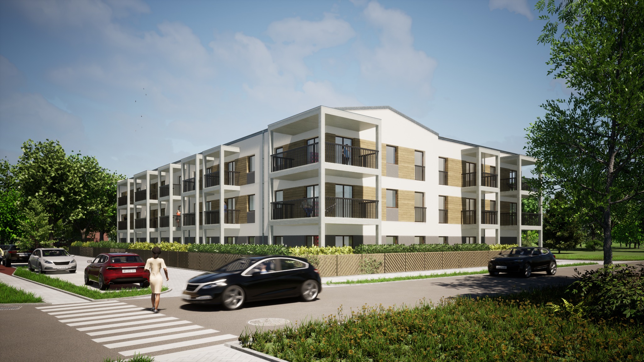 Wizualizacja nowoczesnego, trzypiętrowego budynku mieszkalnego z balkonami, widok z ulicy z przejściem dla pieszych, na pierwszym planie przechodząca kobieta, w tle zaparkowane samochody.