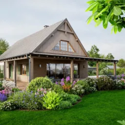 Elewacja domu z ogrodem w stylu rustykalnym. Drewniane wykończenie, metalowy dach, bujna roślinność w rabatach i trawnik. Widok z poziomu gruntu.