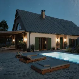 Nowoczesny dom z basenem oświetlonym nocą, z leżakami na brukowanym tarasie i widokiem na gwiazdy, otoczony zielenią.