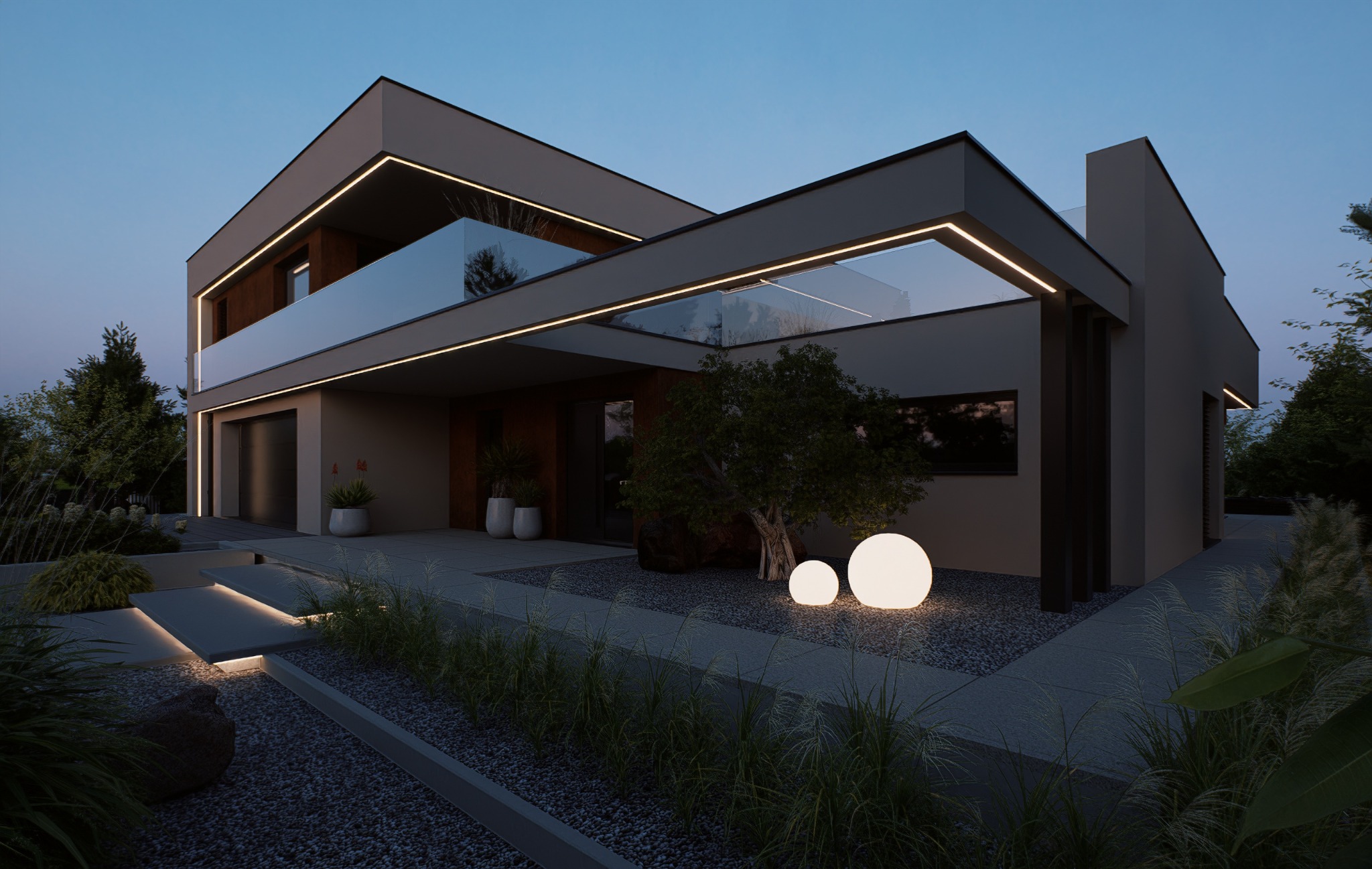 Nowoczesny dom z oświetlonym ogrodem. Minimalistyczna bryła, szklane balustrady i podświetlane ścieżki. Dwie okrągłe lampy ogrodowe dodają ciepła.