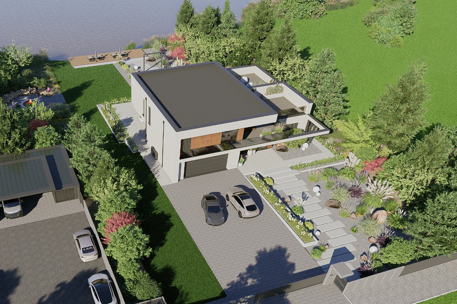 Wizualizacja nowoczesnego domu z płaskim dachem, garażem i starannie zaprojektowanym ogrodem z elementami wodnymi. Ujęcie z lotu ptaka.