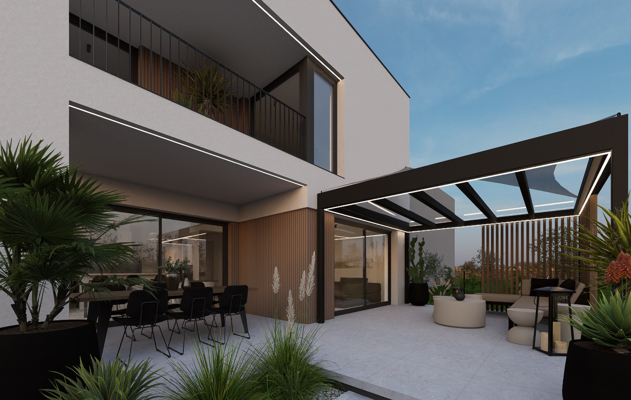 Nowoczesny taras z pergolą i meblami ogrodowymi przy dwukondygnacyjnym domu z oknami panoramicznymi. Roślinność w donicach. Oświetlenie LED podkreśla architekturę.