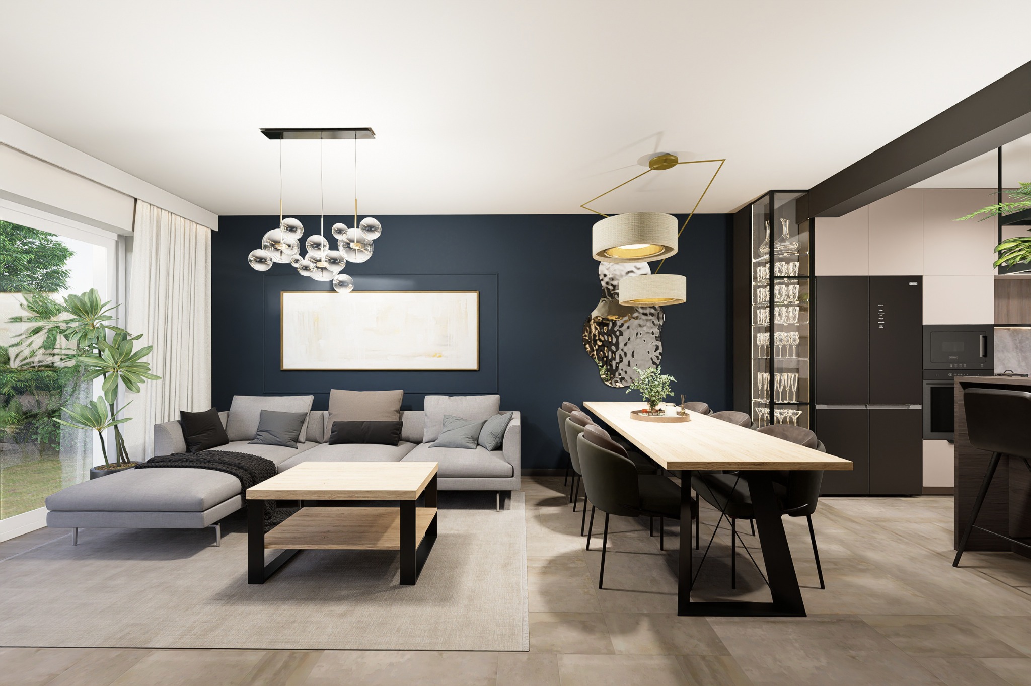 Nowoczesne wnętrze: szary narożnik z pufą, drewniany stolik kawowy, stół z krzesłami i dekoracyjne lampy na tle granatowej ściany z obrazem. Minimalistyczna kuchnia w tle.
