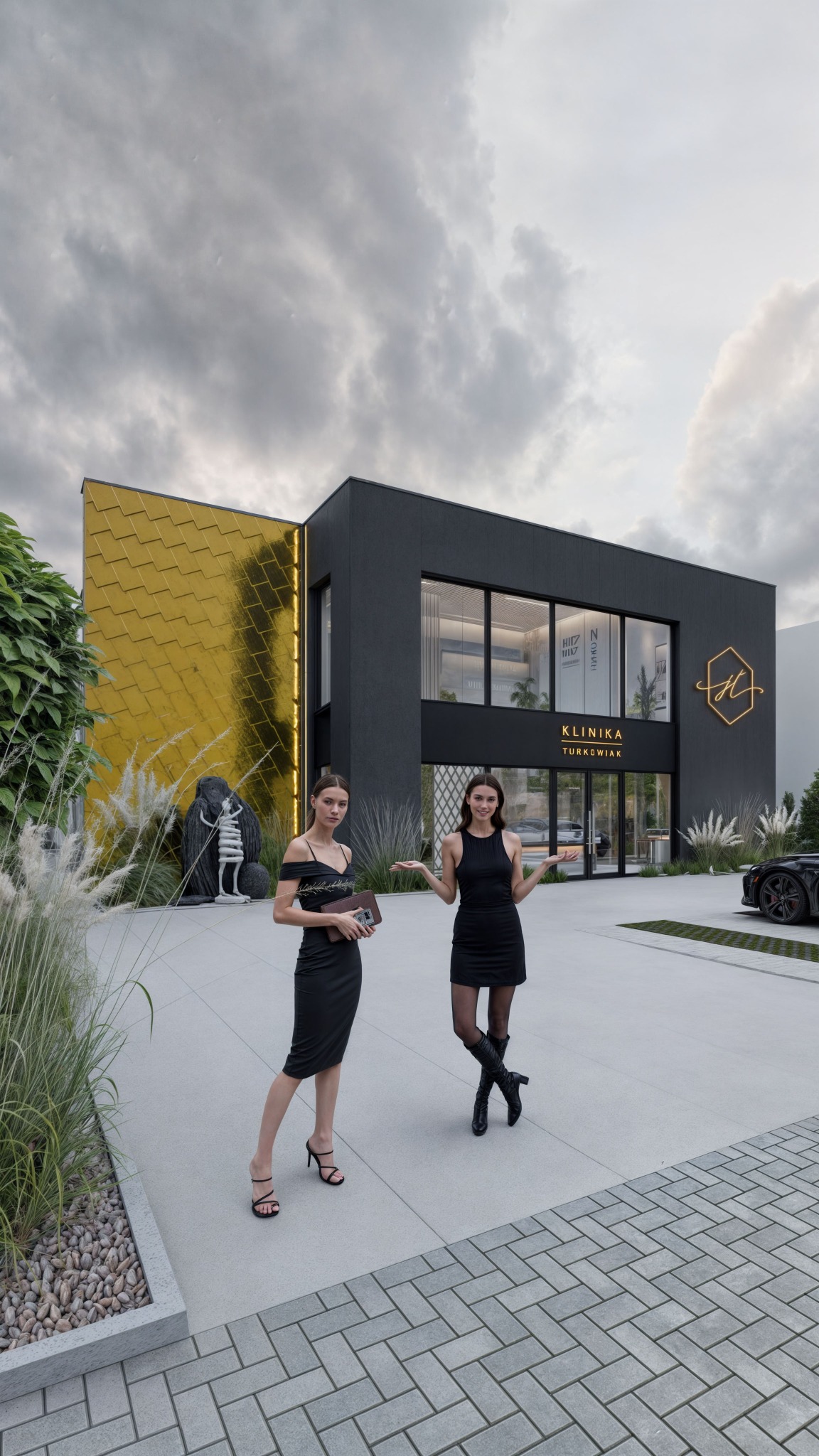 Nowoczesna bryła kliniki z elementami złota, dwie kobiety w czarnych sukienkach na tle budynku. Minimalistyczny ogród z rzeźbą. Czarny samochód na podjeździe.