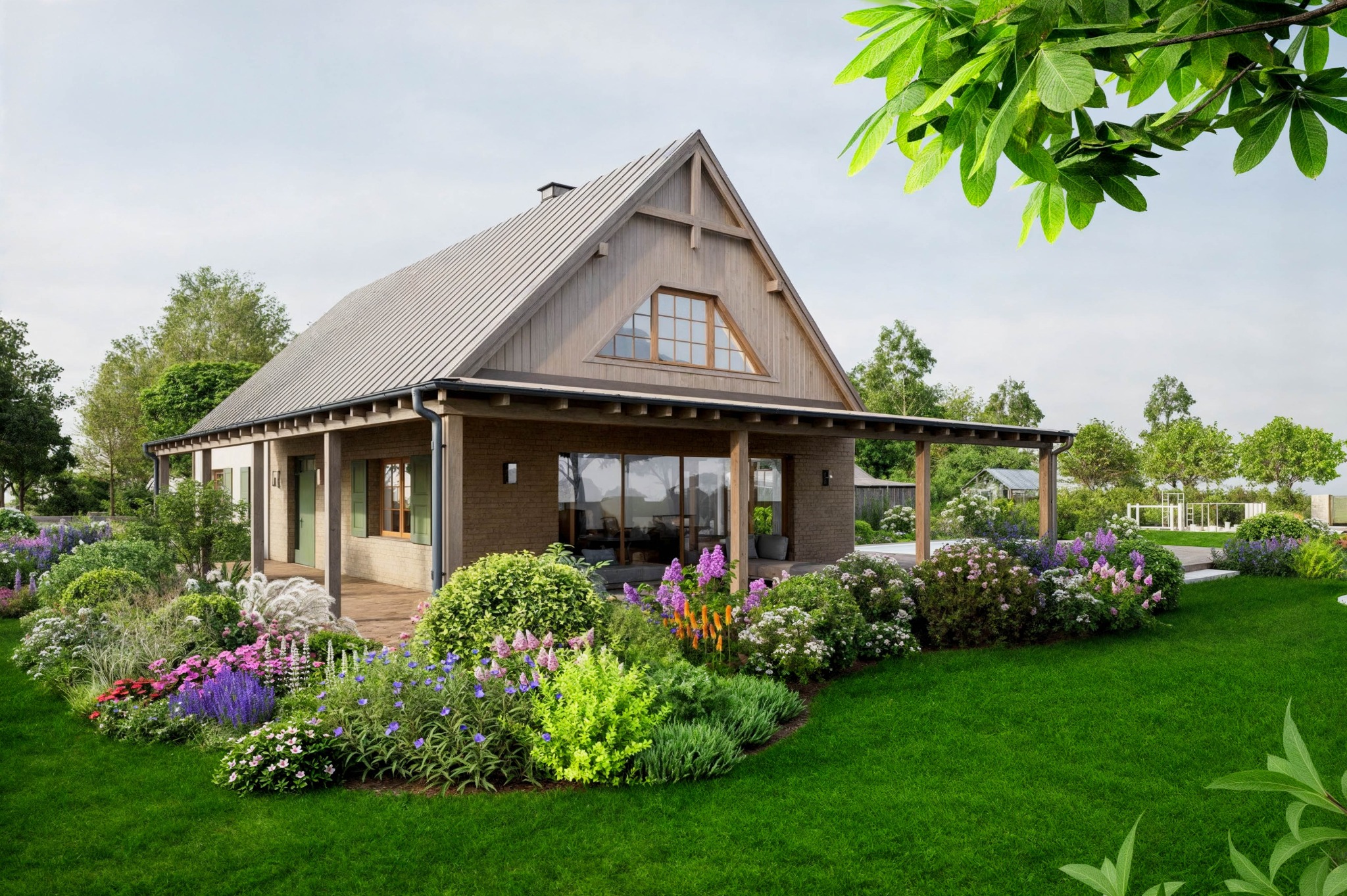 Elewacja domu z ogrodem w stylu rustykalnym. Drewniane wykończenie, metalowy dach, bujna roślinność w rabatach i trawnik. Widok z poziomu gruntu.