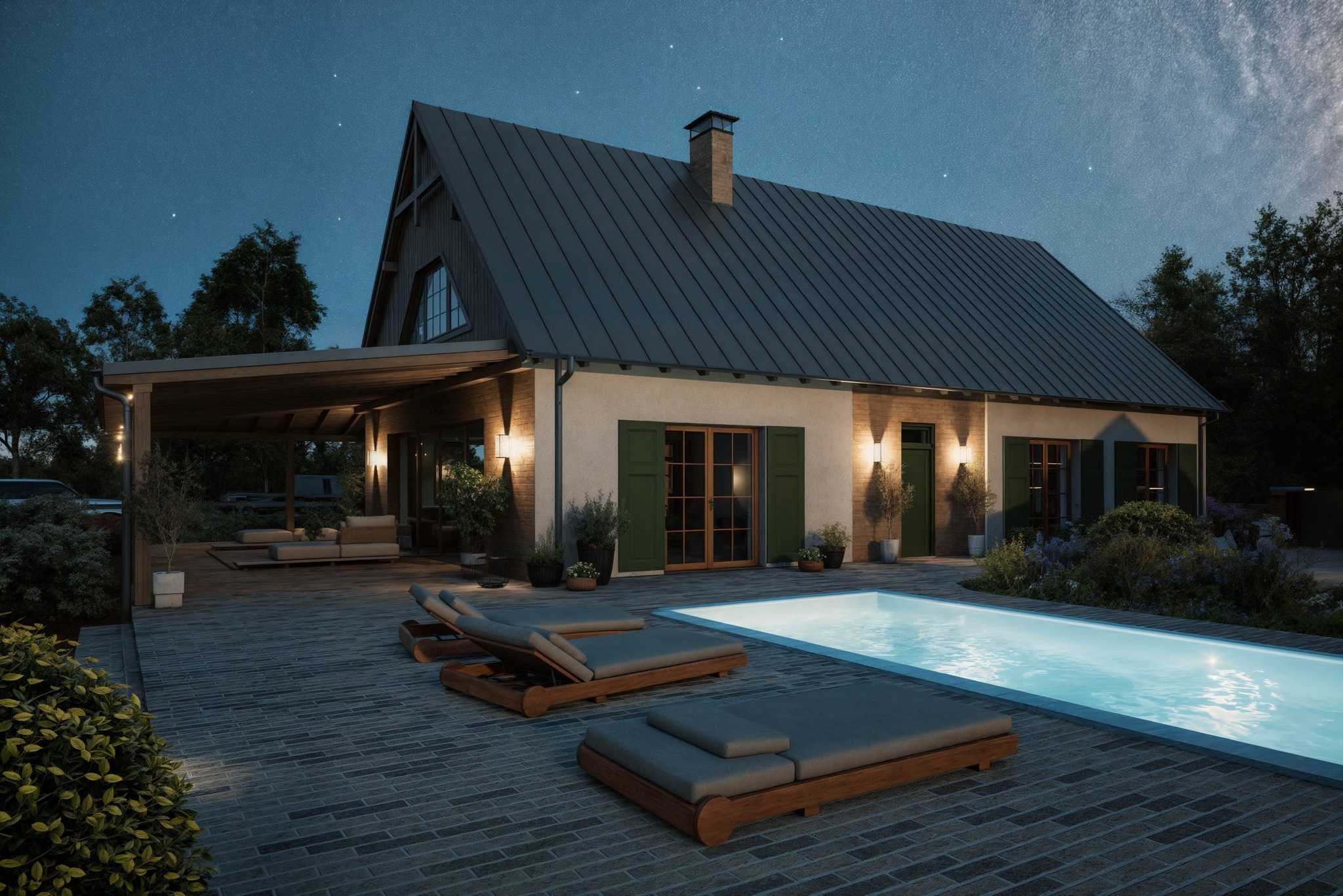 Nowoczesny dom z basenem oświetlonym nocą, z leżakami na brukowanym tarasie i widokiem na gwiazdy, otoczony zielenią.