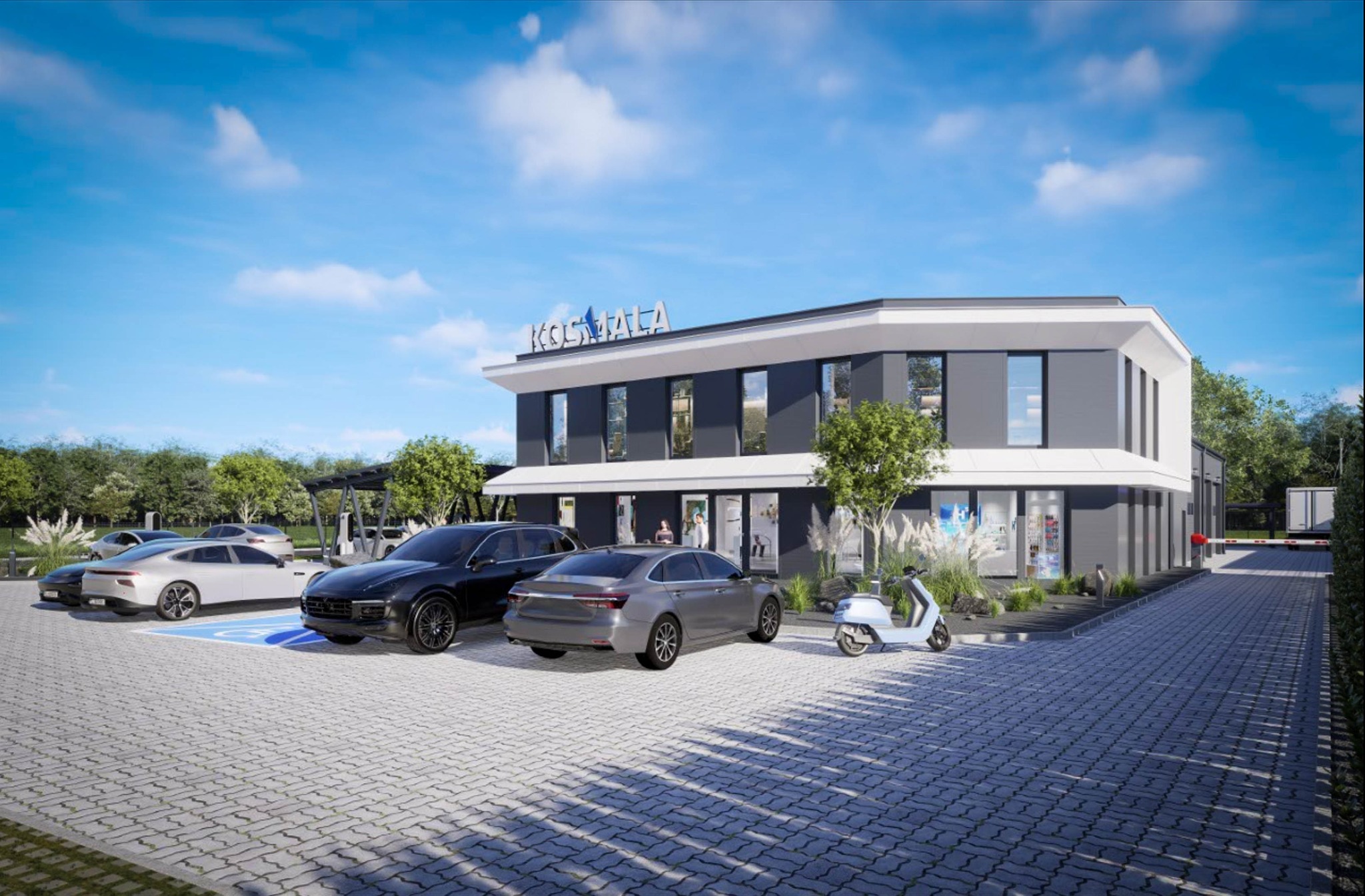 Wizualizacja budynku usługowego z parkingiem i skuterem. Nowoczesna architektura z szarymi ścianami, białymi akcentami i dużymi oknami. Błękitne niebo, kostka brukowa.