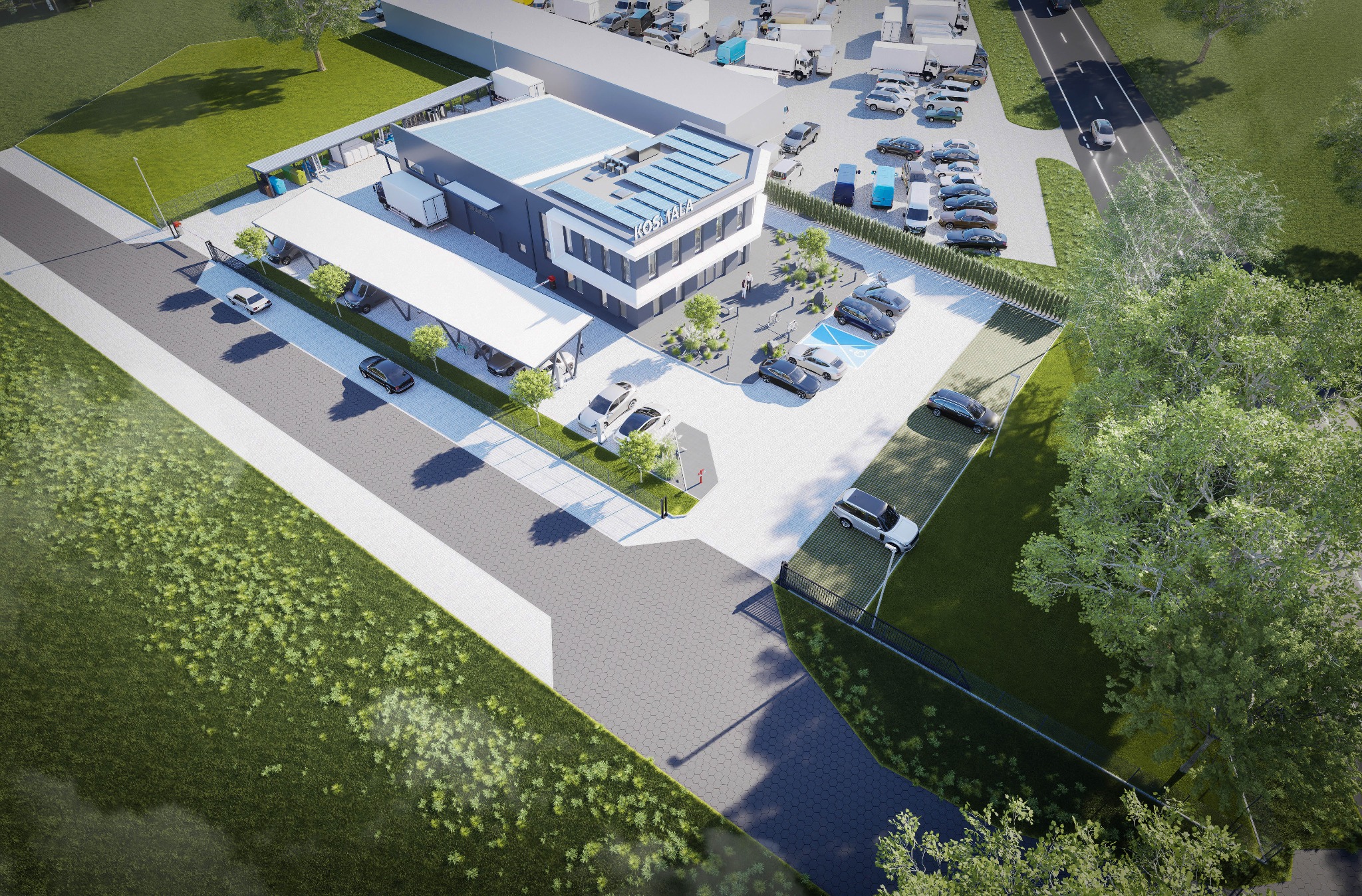Wizualizacja z lotu ptaka nowoczesnego budynku biurowego z panelami słonecznymi, parkingiem, zielenią i drogą dojazdową. Budynek o nazwie KOS-TALA.