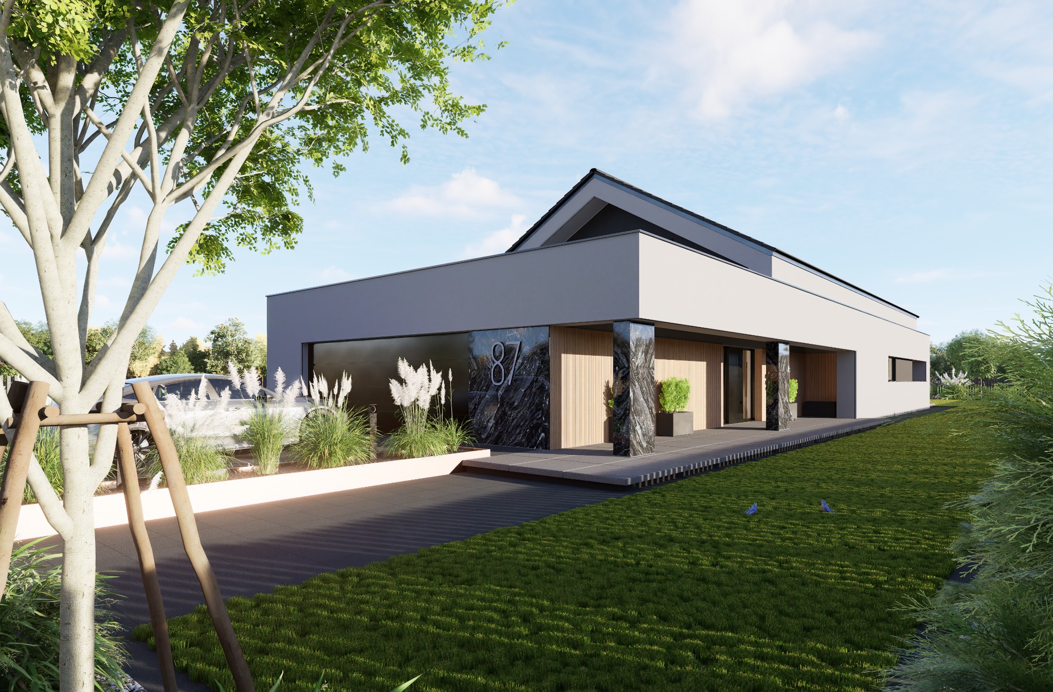 Elegancki, nowoczesny dom z numerem 87 na marmurowej elewacji, otoczony zielenią i drzewami. Minimalistyczna architektura z płaskim dachem i drewnianymi akcentami.