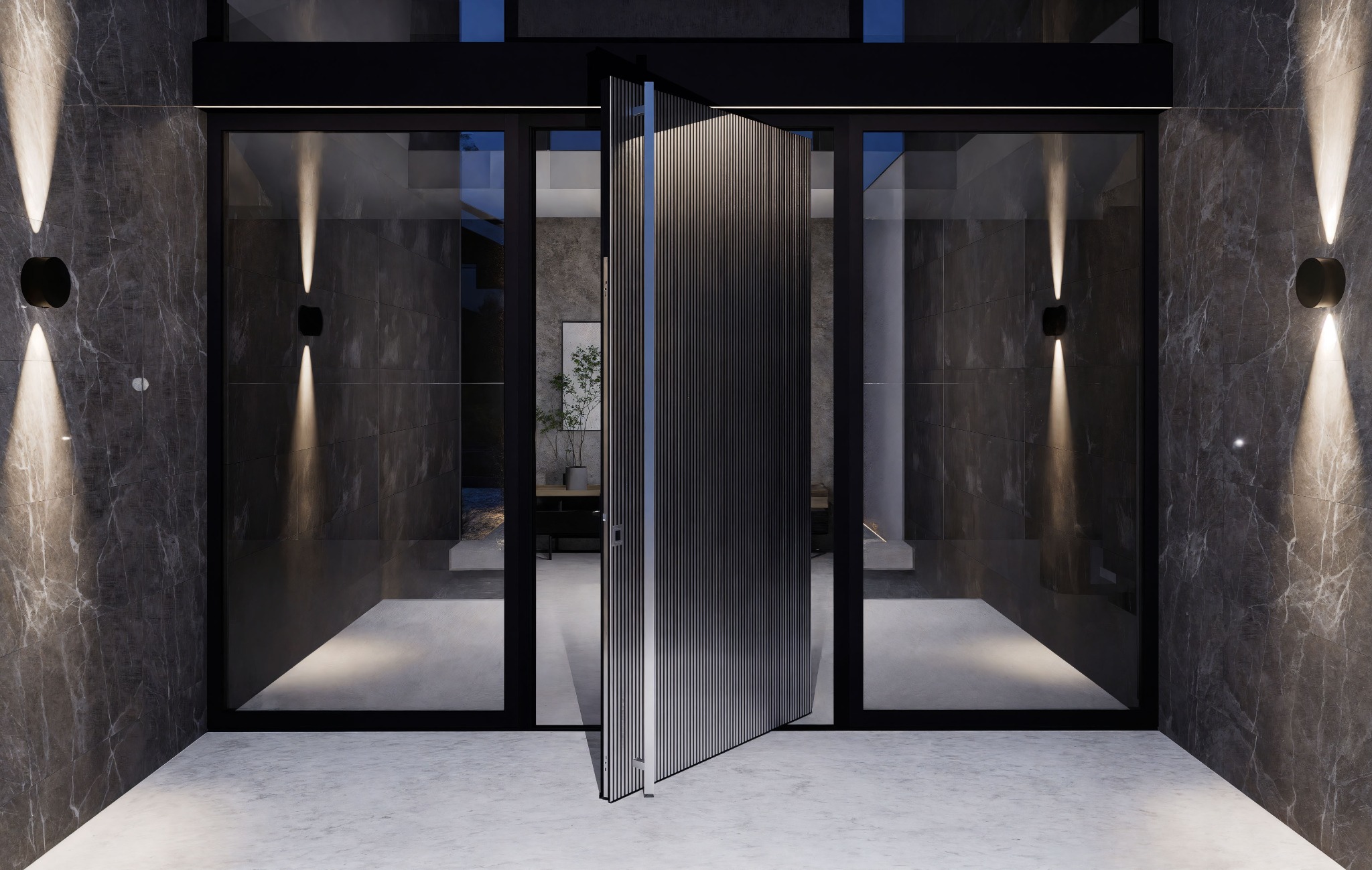 Nowoczesne wejście z podświetlanymi ścianami z marmuru i obrotowymi drzwiami z pionowymi panelami, widok na wnętrze z rośliną w doniczce.