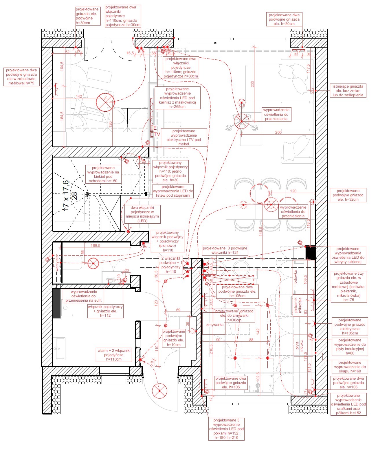Rzut elektryczny mieszkania z rozmieszczeniem gniazd, włączników i punktów oświetleniowych LED. Schemat instalacji elektrycznej z wymiarami i opisami technicznymi.