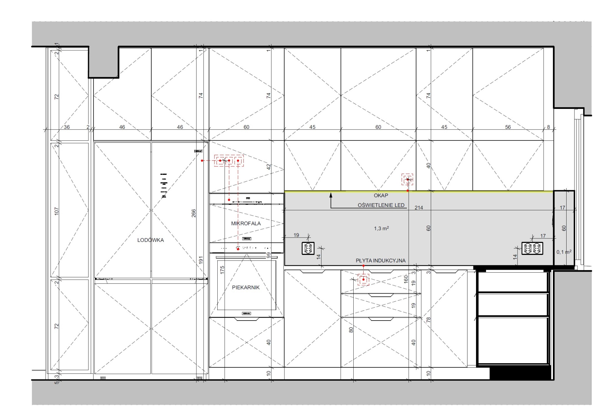 Techniczny rysunek projektowy kuchni z wymiarami szafek, sprzętów AGD i oświetlenia. Plan funkcjonalny z detalami wyposażenia.