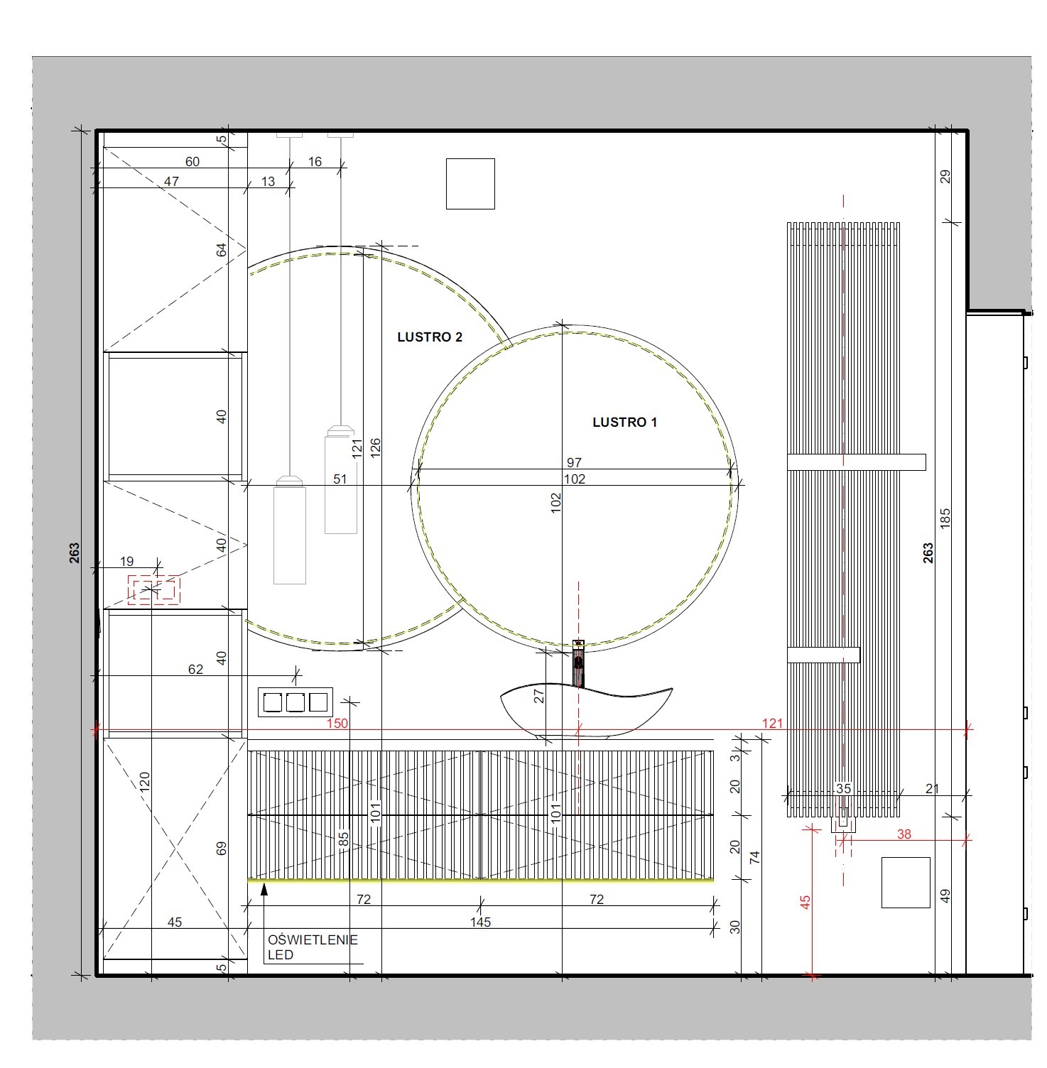 Techniczny rysunek aranżacji łazienki z dwoma okrągłymi lustrami, oświetleniem LED i wymiarami. Widok z góry, prezentacja projektu z detalami wykończenia.