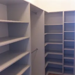 Półki w szafie wnękowej z drążkami na ubrania, widok z wnętrza szafy, jasne oświetlenie.