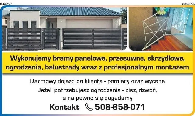 Reklama firmy oferującej bramy panelowe, przesuwne i skrzydłowe oraz ogrodzenia i balustrady z profesjonalnym montażem, z darmowym dojazdem i wyceną. Na pierwszym planie fragment posesji...