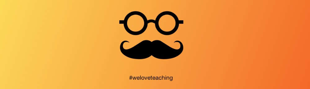 Grafika przedstawiająca czarne okulary i wąsy na pomarańczowo-żółtym tle z hasłem #weloveteaching.