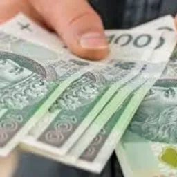 Dłoń trzymająca plik banknotów 100 zł z wizerunkiem króla Władysława Jagiełły, widoczne delikatne załamania papieru i charakterystyczny zielony element zabezpieczający.