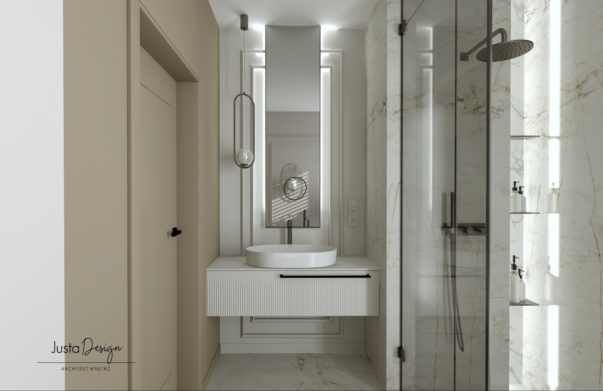 Elegancka łazienka w odcieniach beżu i bieli z marmurowymi płytkami, okrągłą umywalką nablatową, minimalistyczną armaturą i szklaną kabiną prysznicową typu walk-in.