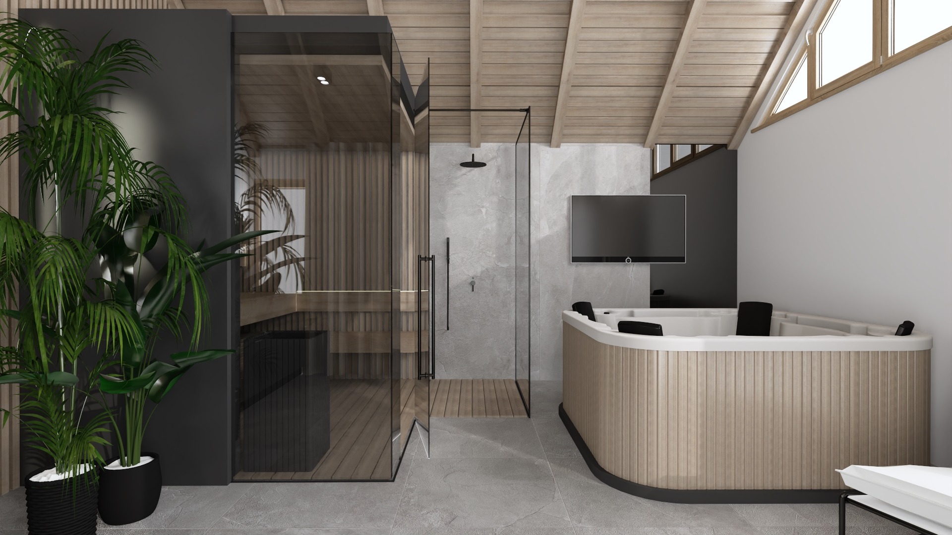 Wizualizacja łazienki na poddaszu z sauną, kabiną prysznicową typu walk-in, narożną wanną z hydromasażem obudowaną drewnianymi lamelami i telewizorem na ścianie.