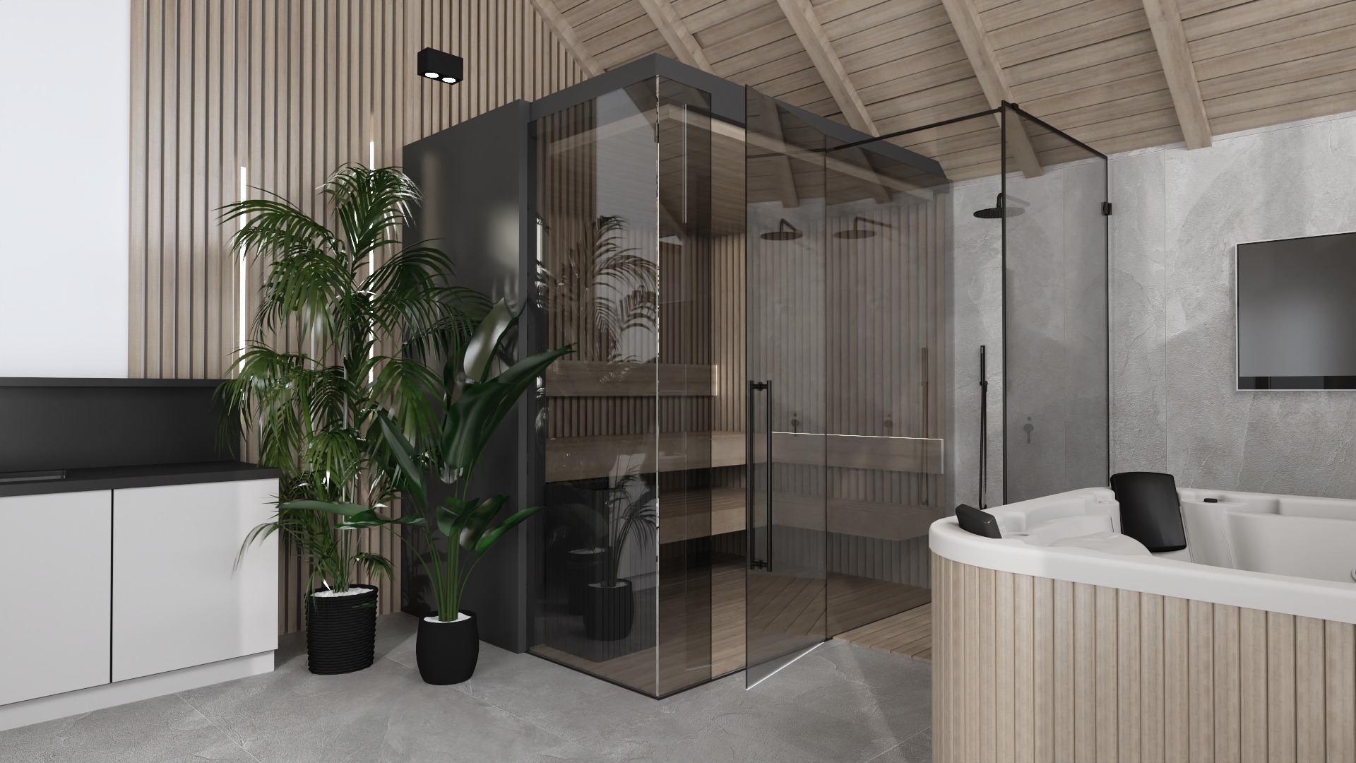 Wizualizacja nowoczesnej łazienki z sauną parową, jacuzzi i minimalistyczną zabudową meblową w odcieniach szarości i drewna, z akcentami zieleni w postaci roślin doniczkowych.