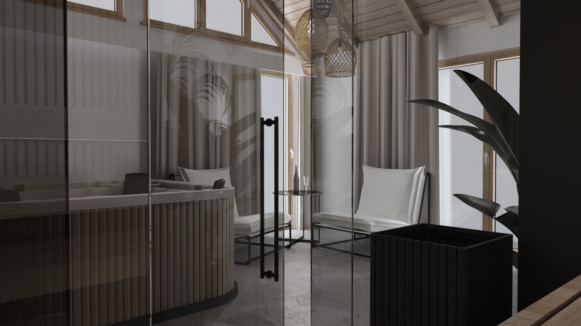 Elegancka łazienka z wanną obudowaną drewnianymi lamelami, szklaną kabiną prysznicową, rattanowymi lampami i widokiem na relaksacyjną przestrzeń z krzesłami i roślinami.
